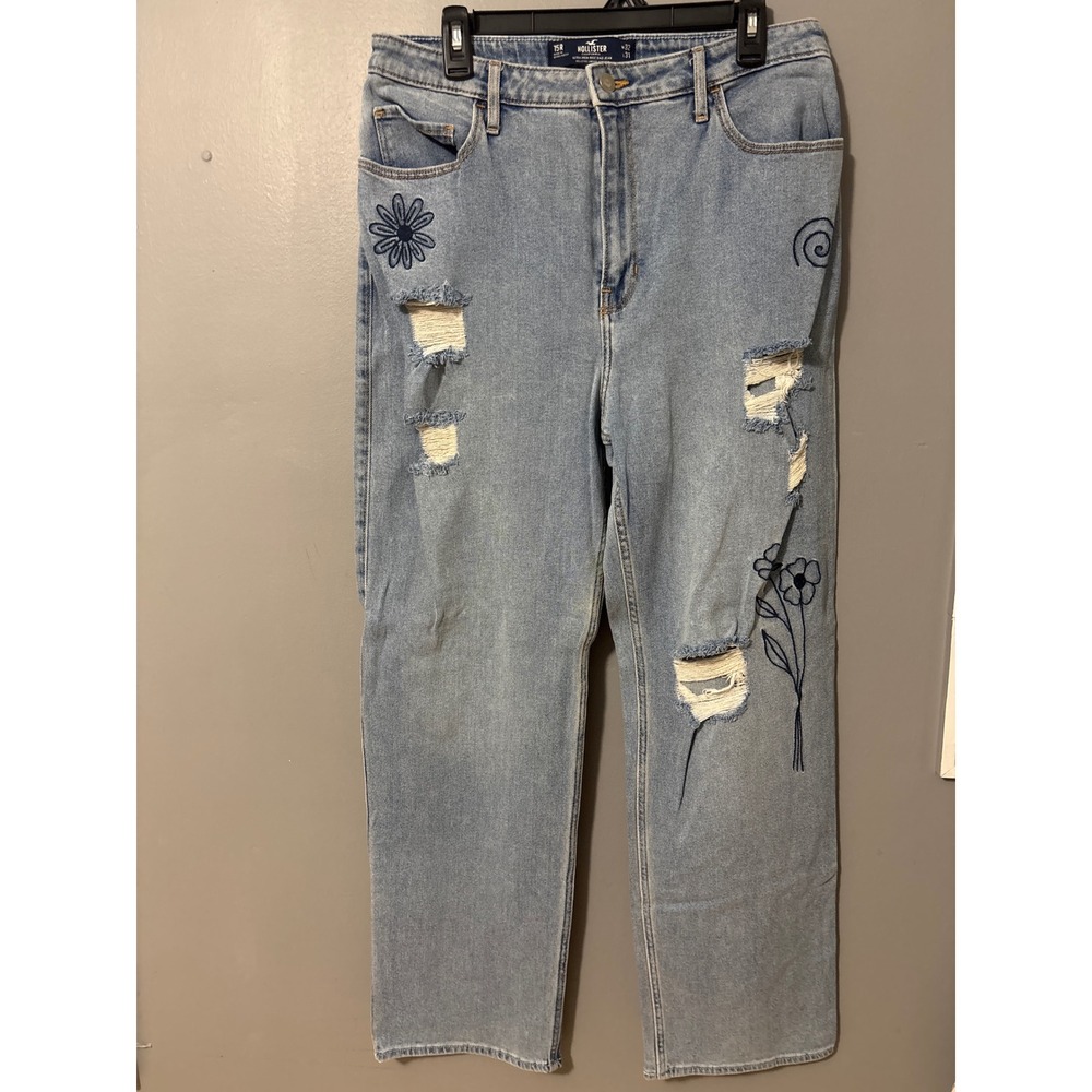 Hollister Ultra High-Rise Dad Jeans 15R Embroidered Ripped Light Wash W32 L31